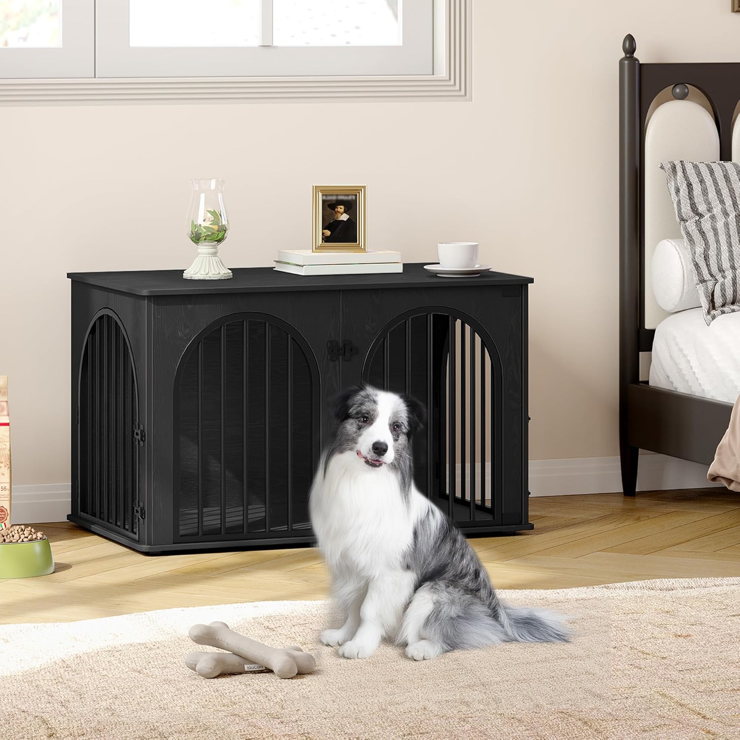 31.5'' Wooden Dog Crate Furniture, Indoor Dog Kennel Dogs Cage for Small/Medium Dogs, Heavy Duty Dog Crates Decorative Pet House End Side Table TV Stand, Rustic Brown DFC85101B