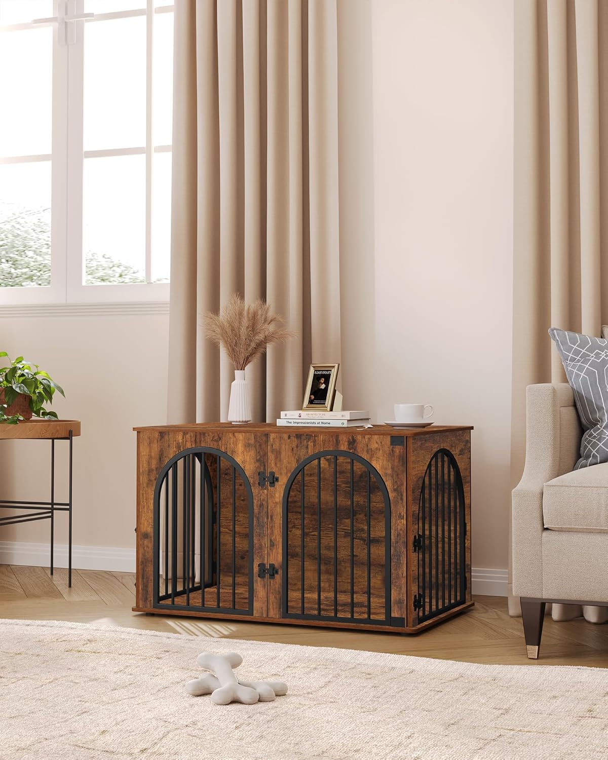 31.5'' Wooden Dog Crate Furniture, Indoor Dog Kennel Dogs Cage for Small/Medium Dogs, Heavy Duty Dog Crates Decorative Pet House End Side Table TV Stand, Rustic Brown DFC85101B