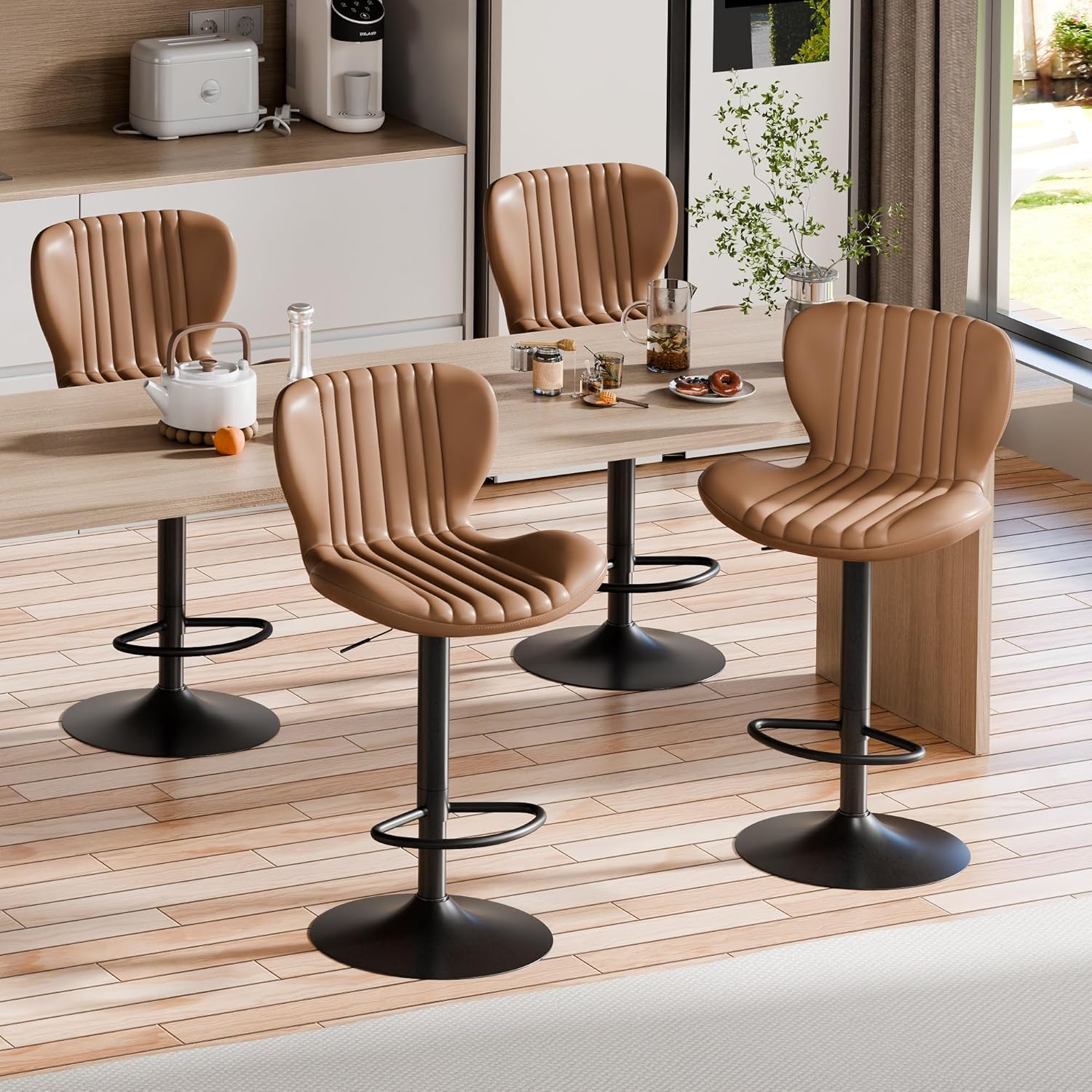 Shintenchi Bar Stools Set of 4 Modern Swivel Bar Chairs, Counter Height Faux Leather Metal Barstools, Upholstered Island Chairs with Back and Footrest, Coffee