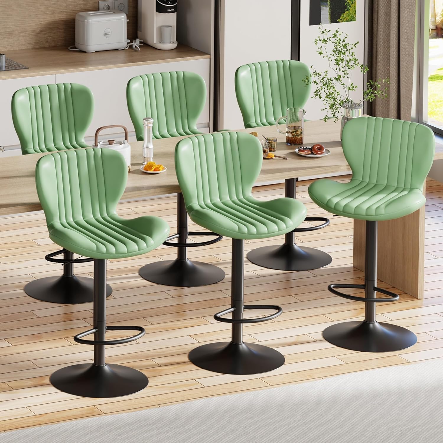 Shintenchi Bar Stools Set of 4 Modern Swivel Bar Chairs, Counter Height Faux Leather Metal Barstools, Upholstered Island Chairs with Back and Footrest, Coffee
