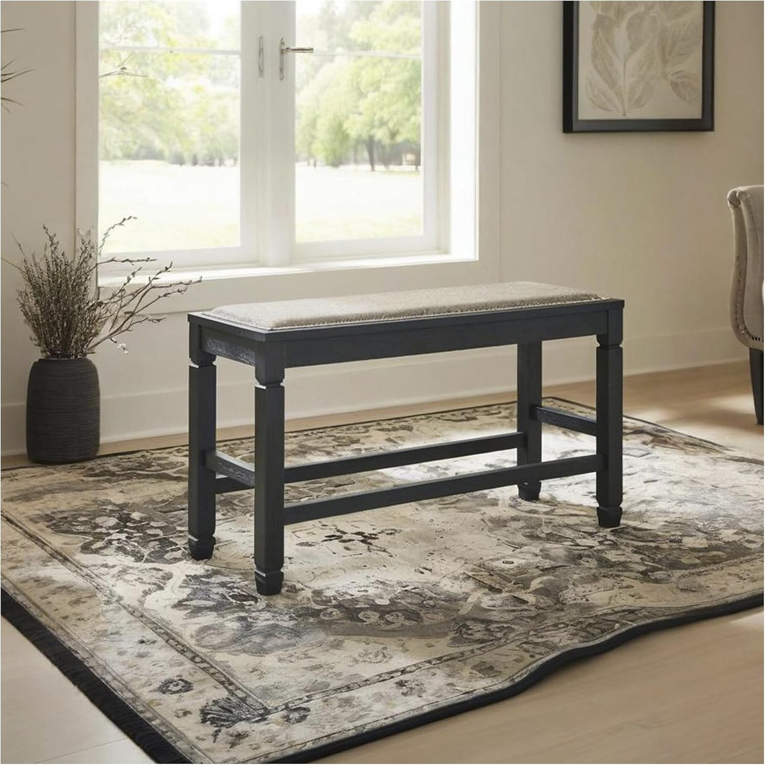 Signature Design by Ashley Bolanburg Casual French Country Upholstered Dining Room Bench with Nailhead Trim, Heavy Woven Fabric, Wood, Antique White & Tan