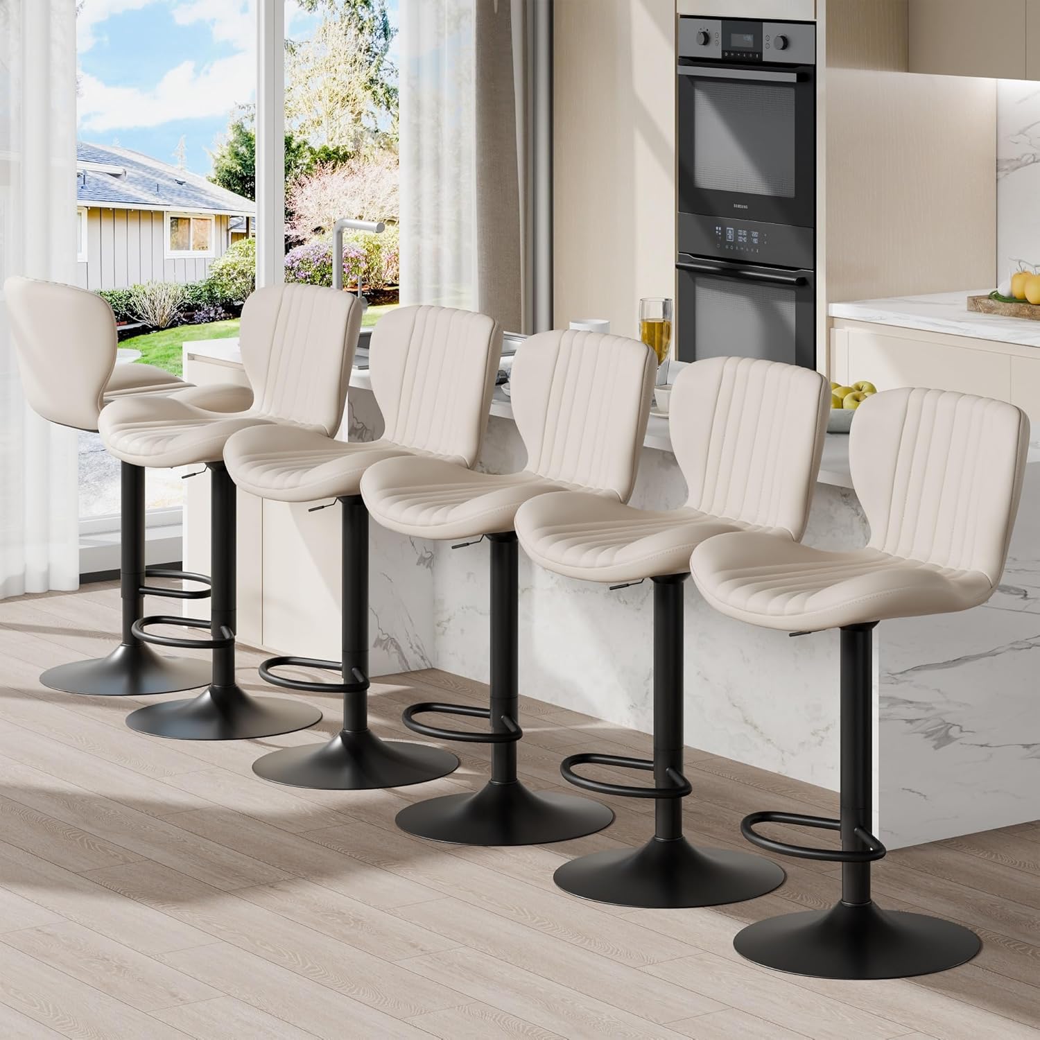 Shintenchi Bar Stools Set of 4 Modern Swivel Bar Chairs, Counter Height Faux Leather Metal Barstools, Upholstered Island Chairs with Back and Footrest, Coffee