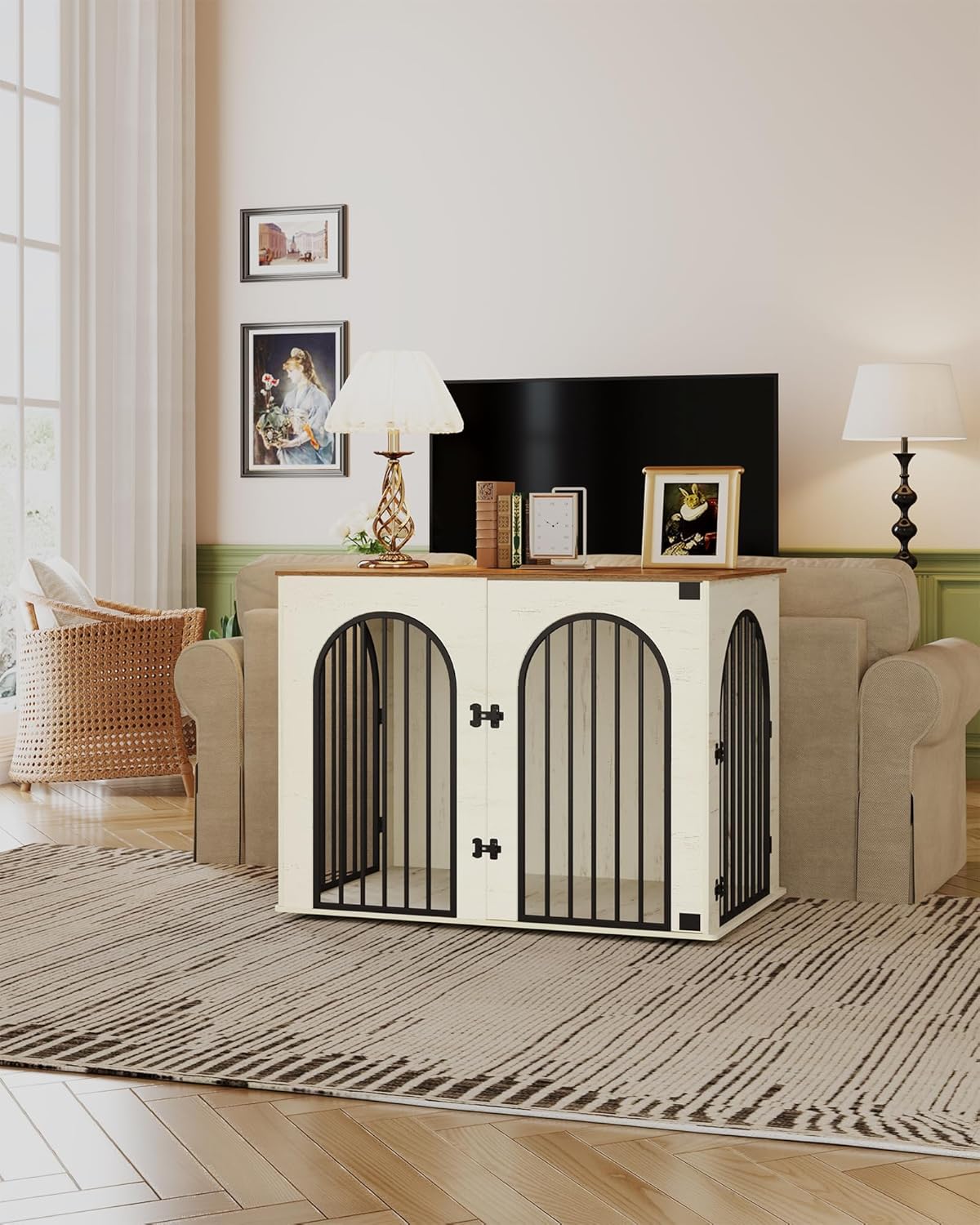 31.5'' Wooden Dog Crate Furniture, Indoor Dog Kennel Dogs Cage for Small/Medium Dogs, Heavy Duty Dog Crates Decorative Pet House End Side Table TV Stand, Rustic Brown DFC85101B