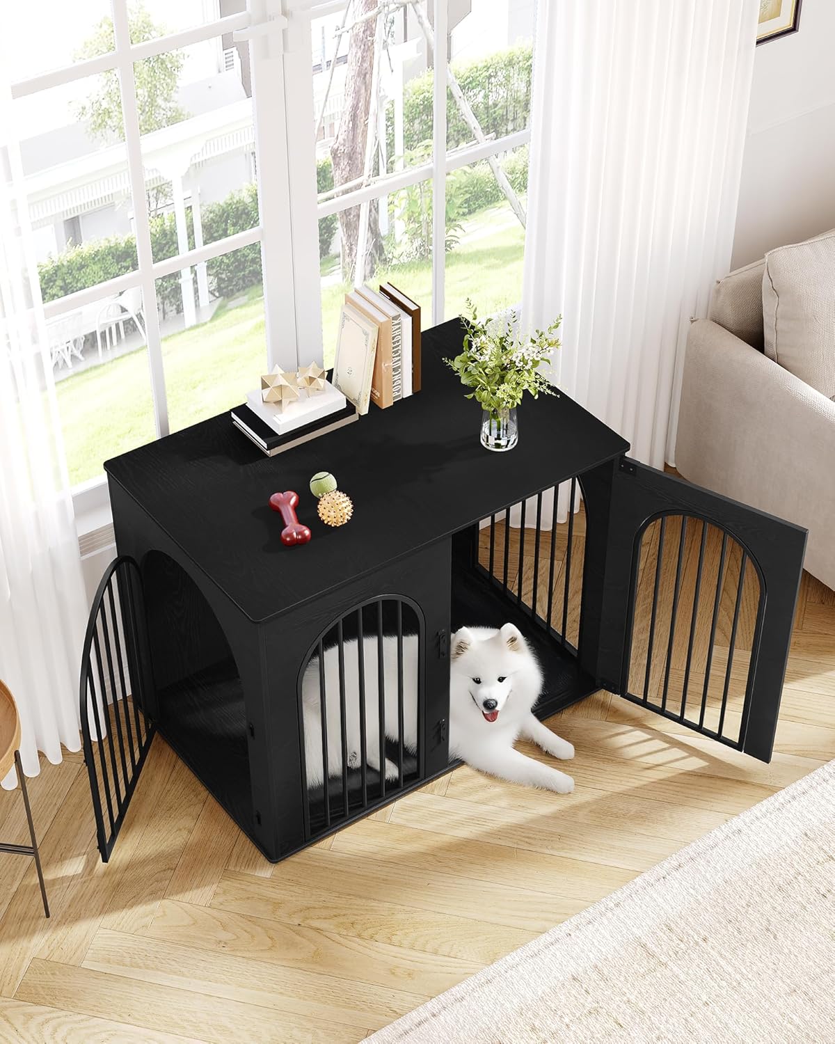 31.5'' Wooden Dog Crate Furniture, Indoor Dog Kennel Dogs Cage for Small/Medium Dogs, Heavy Duty Dog Crates Decorative Pet House End Side Table TV Stand, Rustic Brown DFC85101B