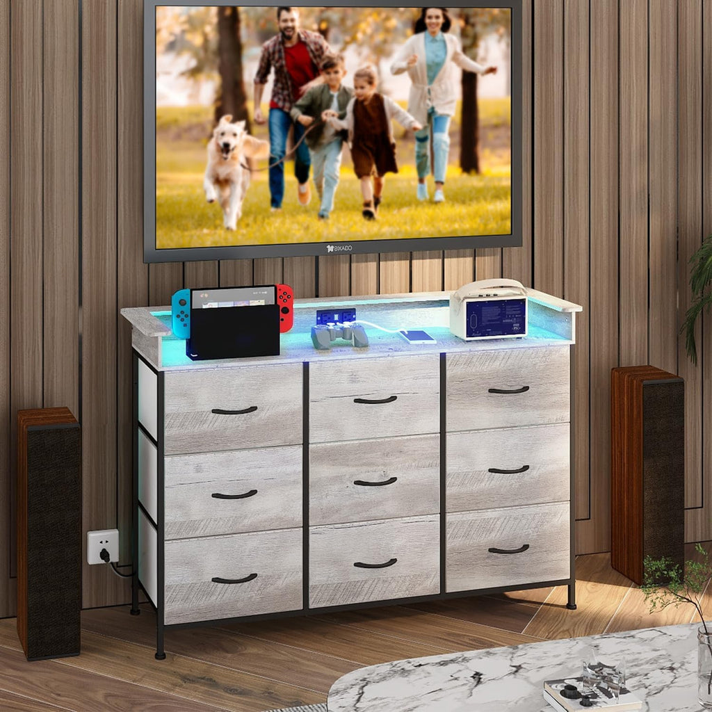 EXOTICA White Dresser with LED Light for Bedroom 9 Drawer Dressers with Charging Station Chests of Drawers for Entryway Closet Living Room Hallway Sturdy Steel Frame Wooden Top Easy Pull Handle