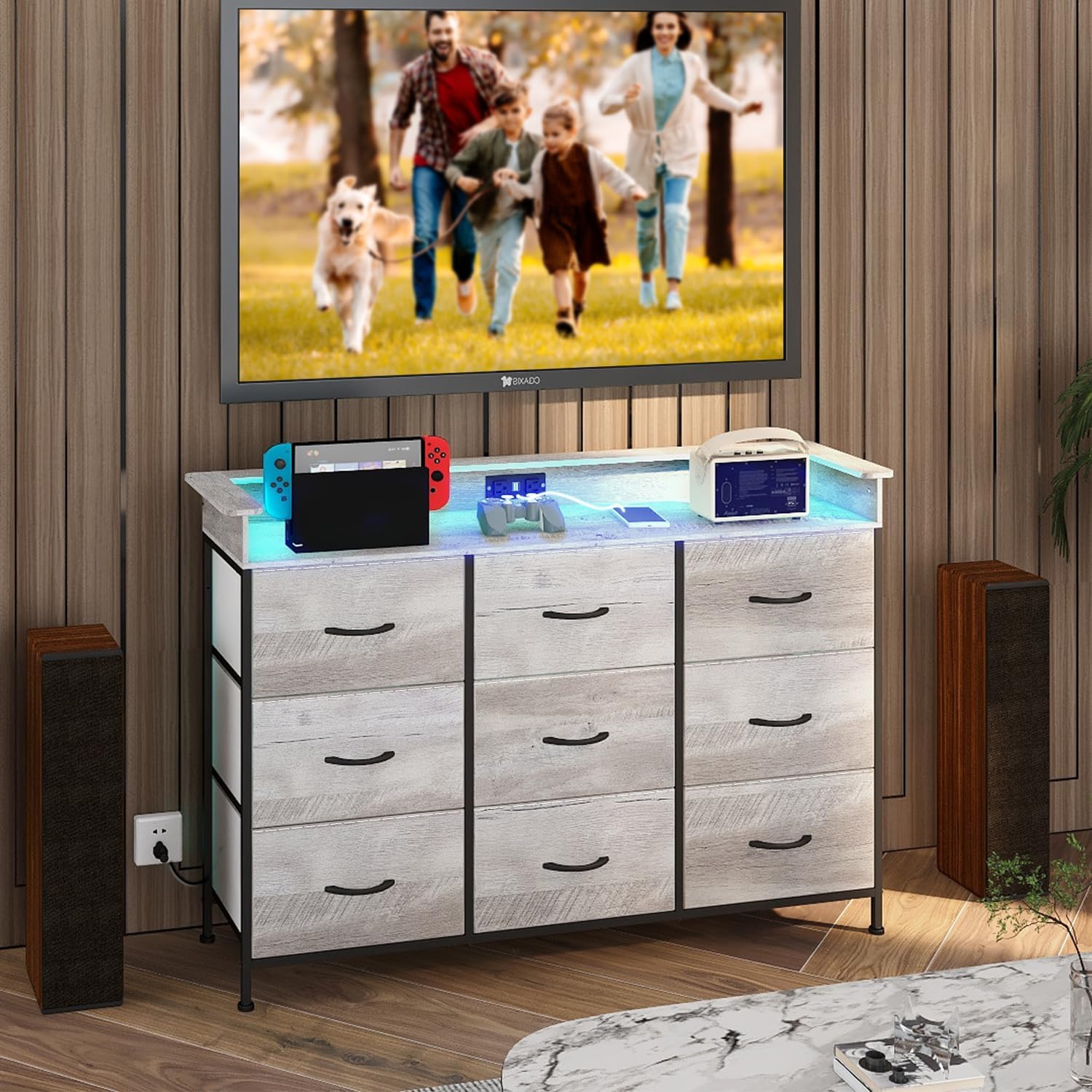 EXOTICA White Dresser with LED Light for Bedroom 9 Drawer Dressers with Charging Station Chests of Drawers for Entryway Closet Living Room Hallway Sturdy Steel Frame Wooden Top Easy Pull Handle