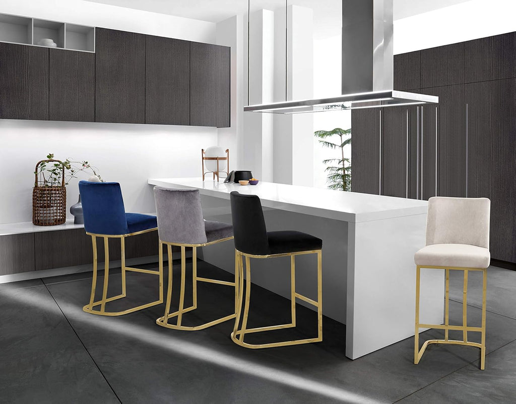 Meridian Furniture Heidi Collection Modern | Contemporary Velvet Upholstered Counter Stool with Polished Gold Metal Legs, 16" W x 19.5" D x 36.5" H, Black