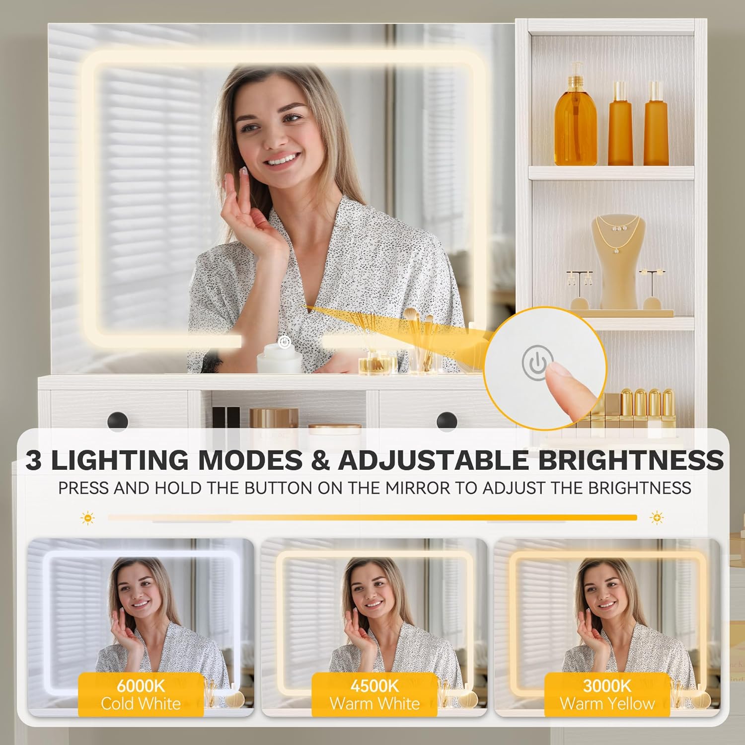 DWVO Makeup Vanity Set with Mirror & 3-Mode Lights, Vanity Desk with Storage Stool, Power Outlet, Shelves, Drawers & Hair Tool Holder, Dressing Table for Apartment Dorm Guest Room, White