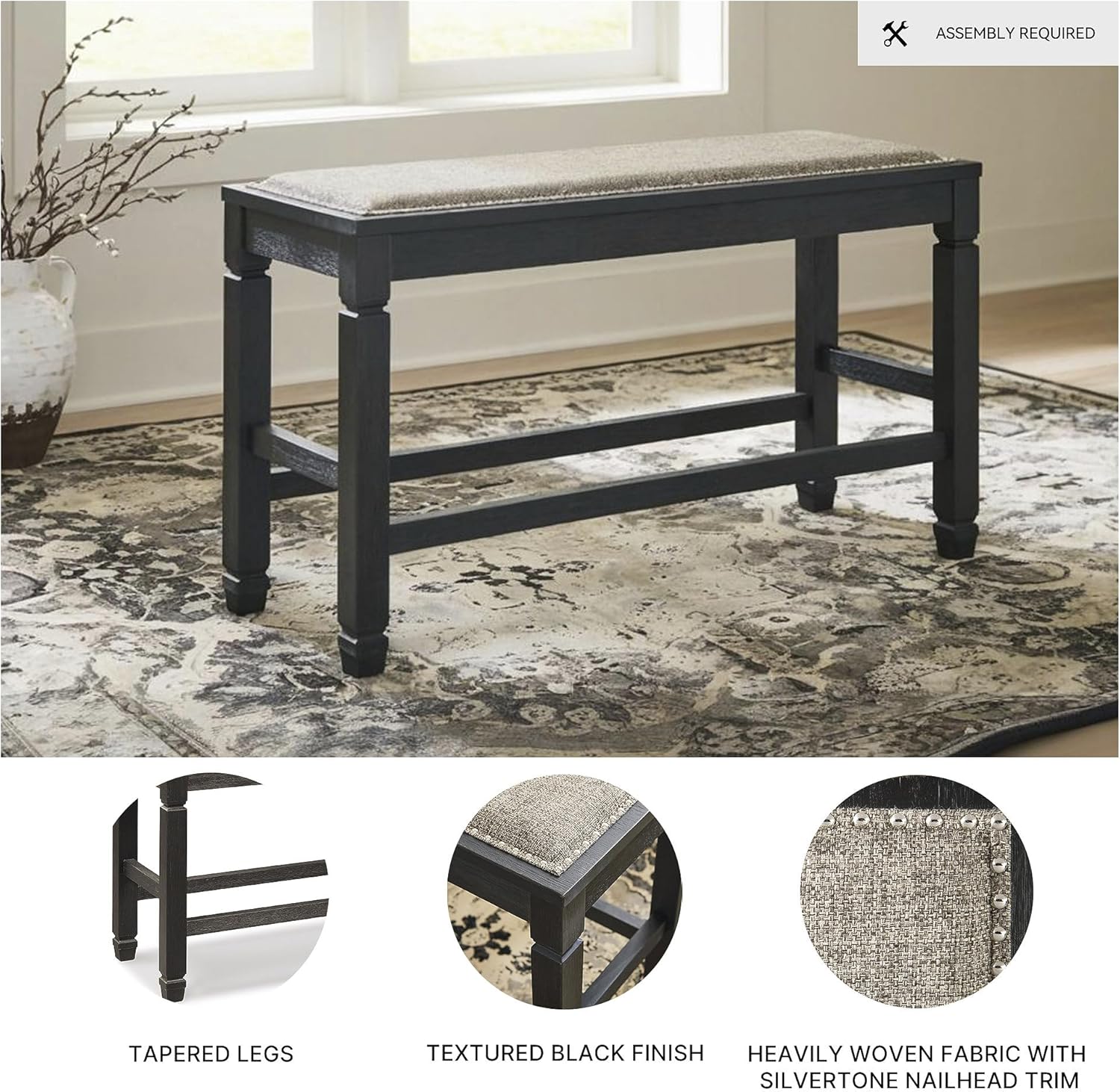 Signature Design by Ashley Bolanburg Casual French Country Upholstered Dining Room Bench with Nailhead Trim, Heavy Woven Fabric, Wood, Antique White & Tan