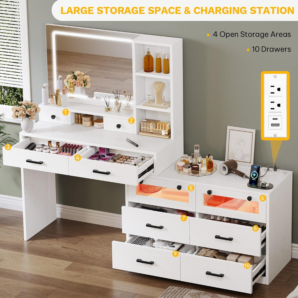 DWVO Makeup Vanity Set with Mirror & 3-Mode Lights, Vanity Desk with Storage Stool, Power Outlet, Shelves, Drawers & Hair Tool Holder, Dressing Table for Apartment Dorm Guest Room, White