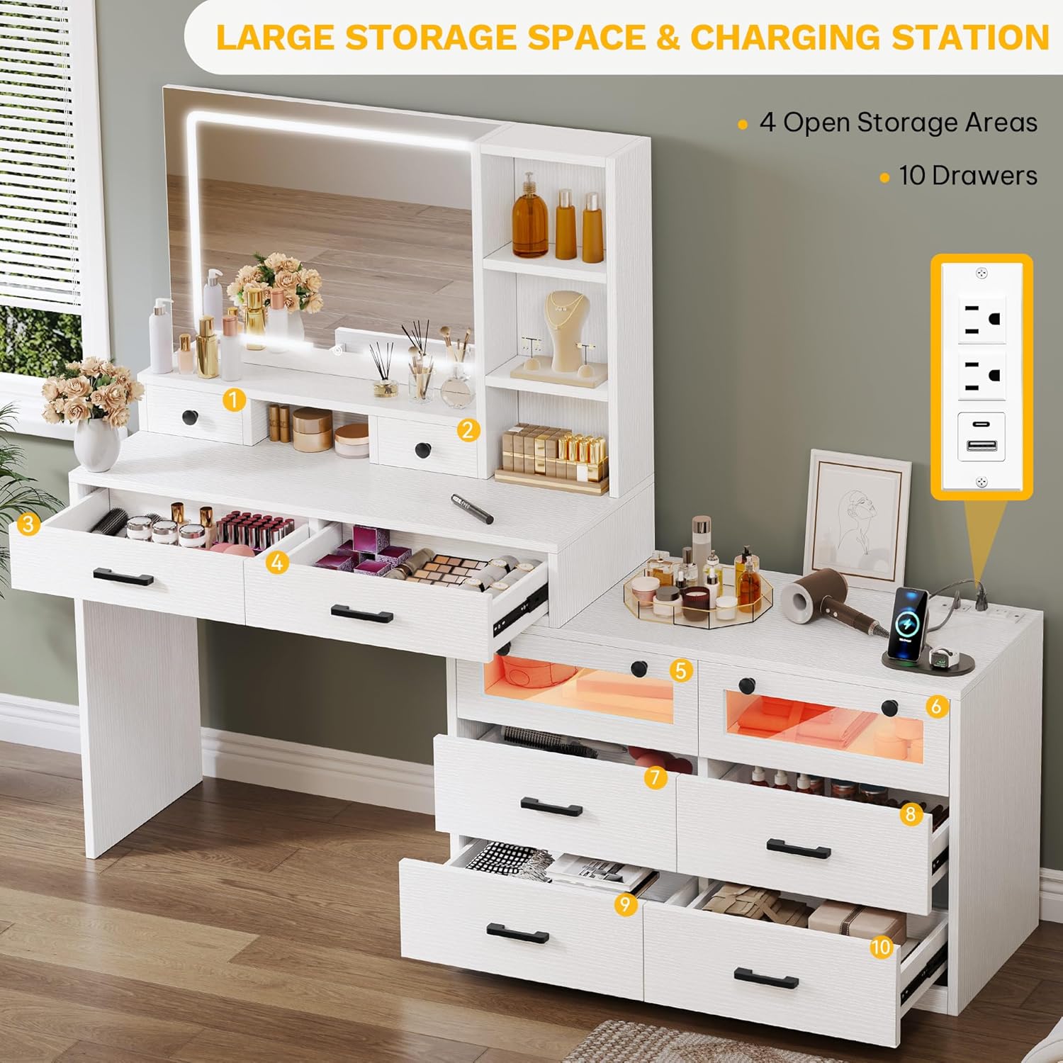 DWVO Makeup Vanity Set with Mirror & 3-Mode Lights, Vanity Desk with Storage Stool, Power Outlet, Shelves, Drawers & Hair Tool Holder, Dressing Table for Apartment Dorm Guest Room, White