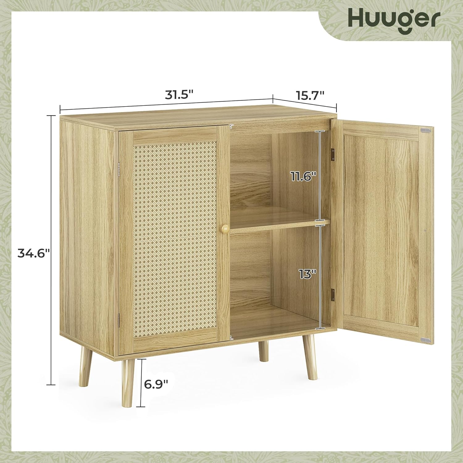 Huuger Buffet Cabinet with Storage, Storage Cabinet with PE Rattan Decor Doors, Accent Sideboard Buffet with Solid Wood Feet, for Hallway, Entry, Living Room, Natural