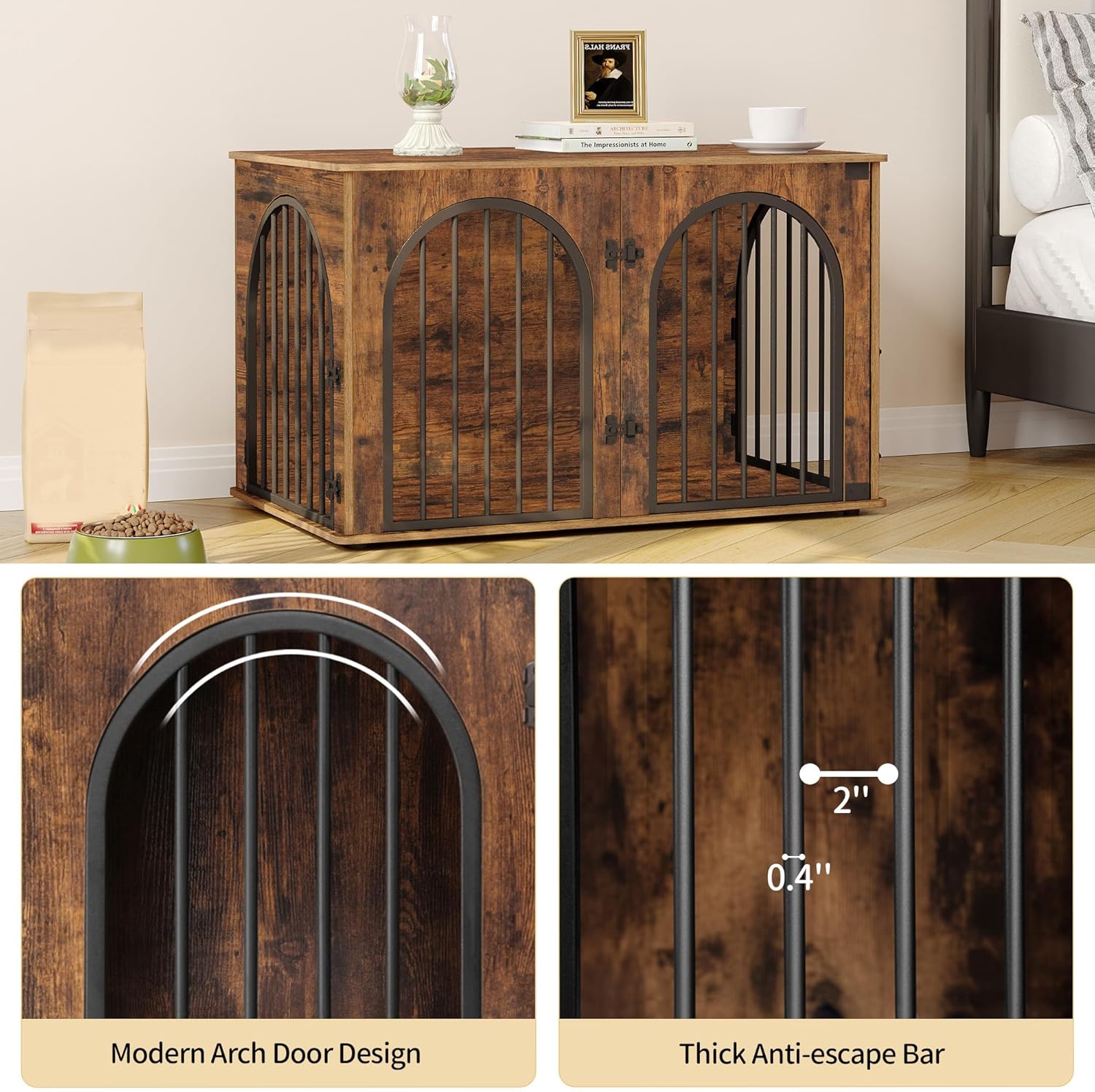 31.5'' Wooden Dog Crate Furniture, Indoor Dog Kennel Dogs Cage for Small/Medium Dogs, Heavy Duty Dog Crates Decorative Pet House End Side Table TV Stand, Rustic Brown DFC85101B