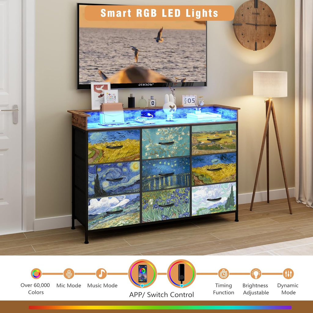 EXOTICA White Dresser with LED Light for Bedroom 9 Drawer Dressers with Charging Station Chests of Drawers for Entryway Closet Living Room Hallway Sturdy Steel Frame Wooden Top Easy Pull Handle