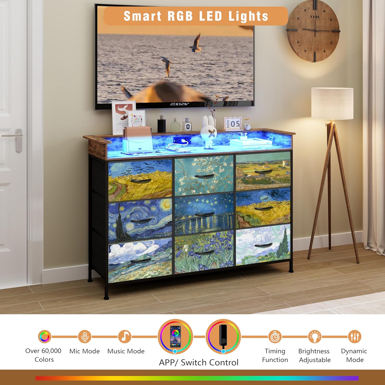 EXOTICA White Dresser with LED Light for Bedroom 9 Drawer Dressers with Charging Station Chests of Drawers for Entryway Closet Living Room Hallway Sturdy Steel Frame Wooden Top Easy Pull Handle