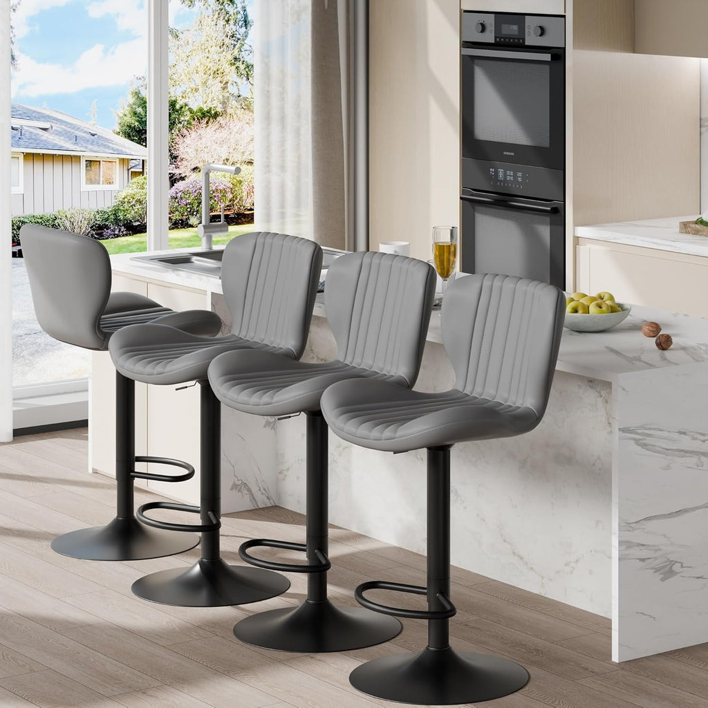 Shintenchi Bar Stools Set of 4 Modern Swivel Bar Chairs, Counter Height Faux Leather Metal Barstools, Upholstered Island Chairs with Back and Footrest, Coffee