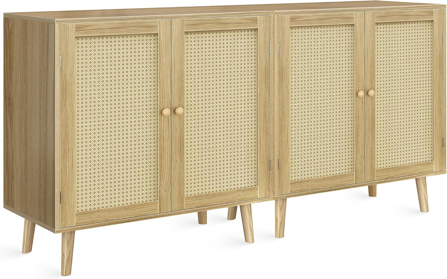 Huuger Buffet Cabinet with Storage, Storage Cabinet with PE Rattan Decor Doors, Accent Sideboard Buffet with Solid Wood Feet, for Hallway, Entry, Living Room, Natural