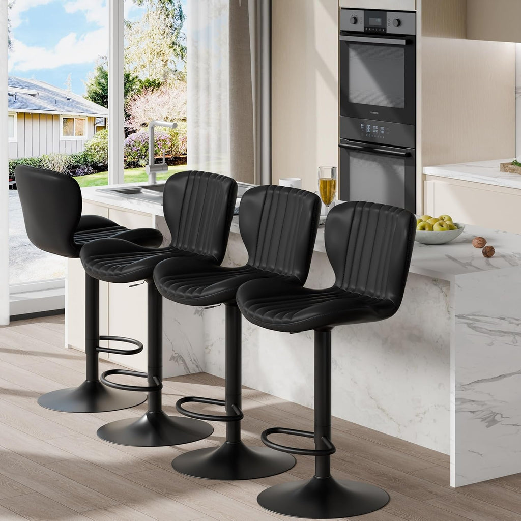 Shintenchi Bar Stools Set of 4 Modern Swivel Bar Chairs, Counter Height Faux Leather Metal Barstools, Upholstered Island Chairs with Back and Footrest, Coffee