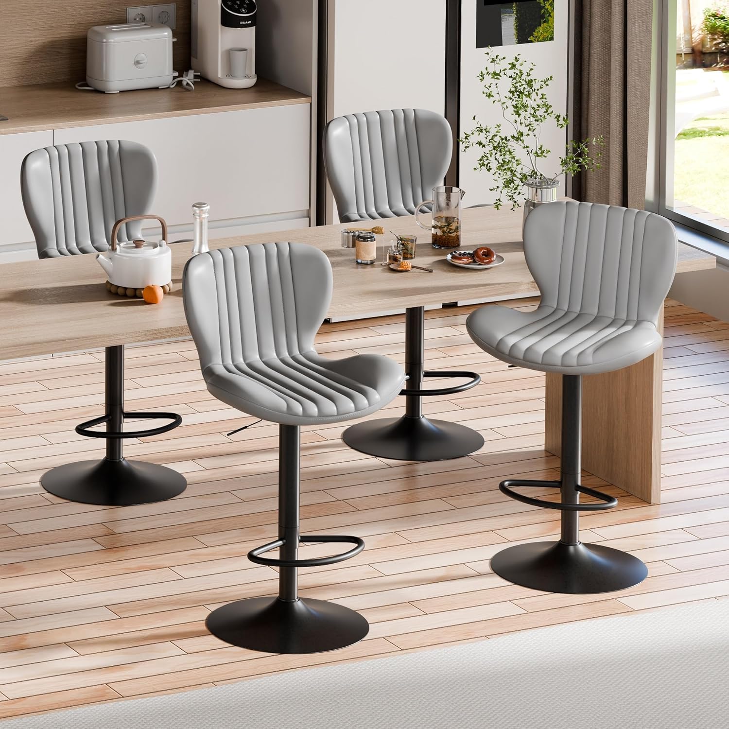 Shintenchi Bar Stools Set of 4 Modern Swivel Bar Chairs, Counter Height Faux Leather Metal Barstools, Upholstered Island Chairs with Back and Footrest, Coffee