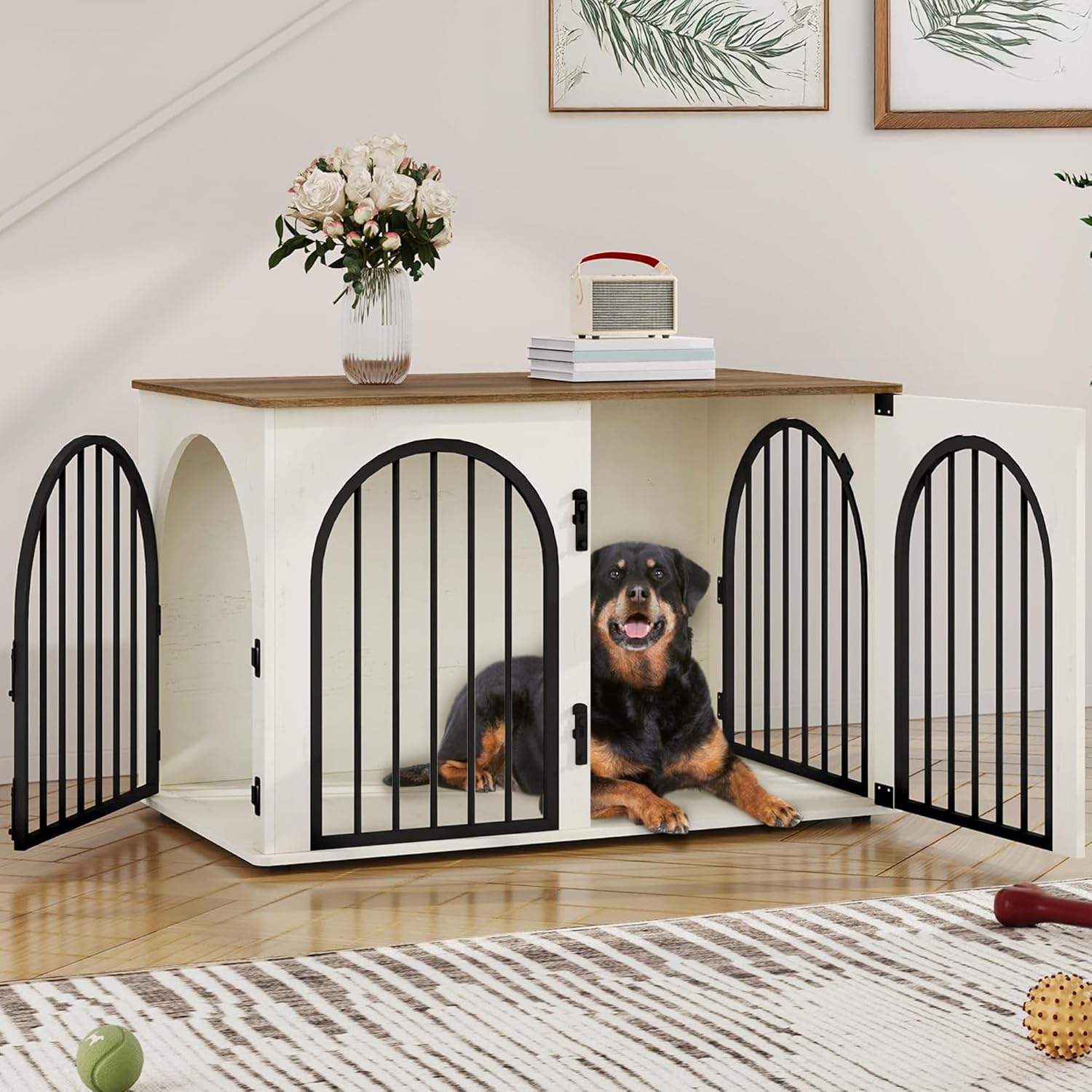 31.5'' Wooden Dog Crate Furniture, Indoor Dog Kennel Dogs Cage for Small/Medium Dogs, Heavy Duty Dog Crates Decorative Pet House End Side Table TV Stand, Rustic Brown DFC85101B