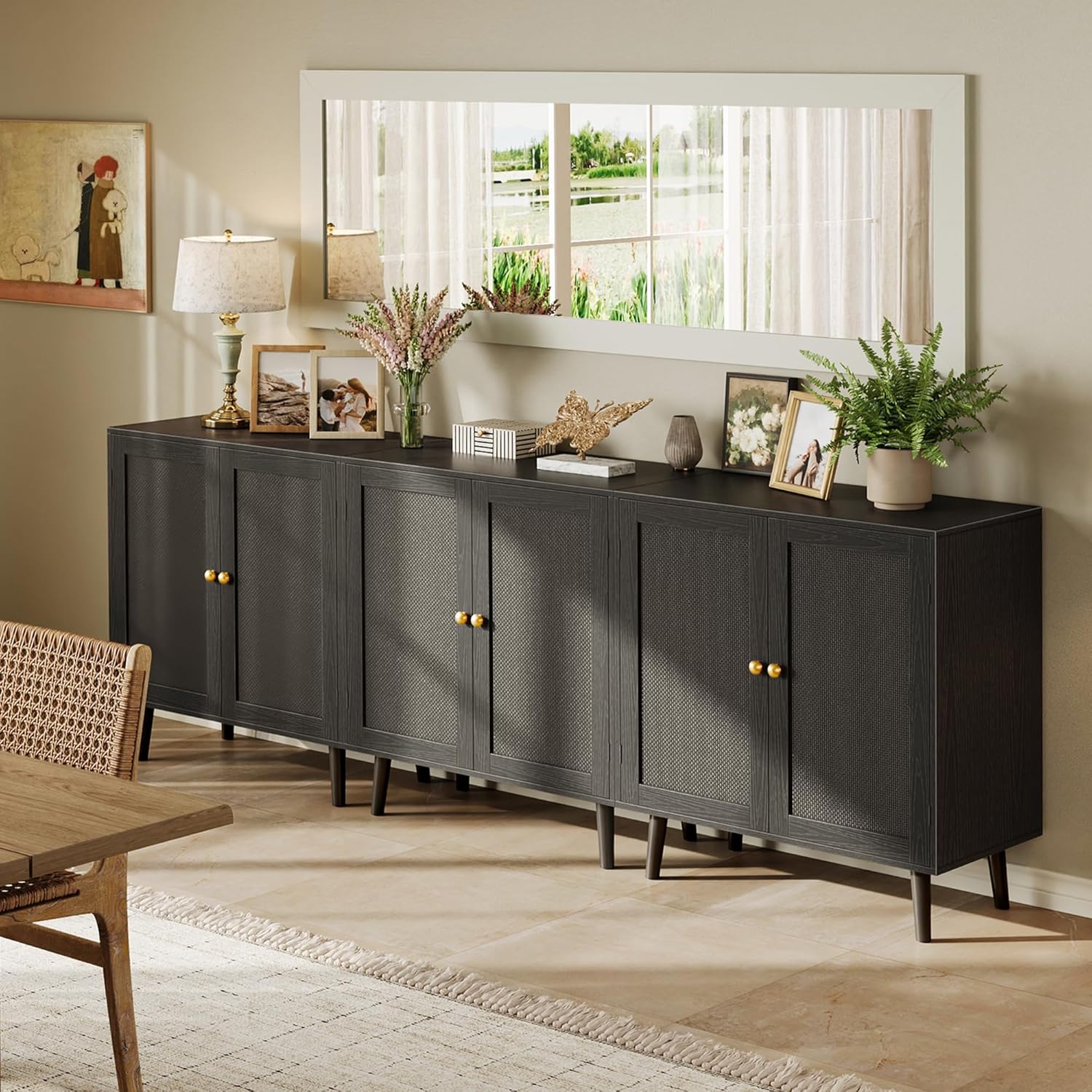 Huuger Buffet Cabinet with Storage, Storage Cabinet with PE Rattan Decor Doors, Accent Sideboard Buffet with Solid Wood Feet, for Hallway, Entry, Living Room, Natural