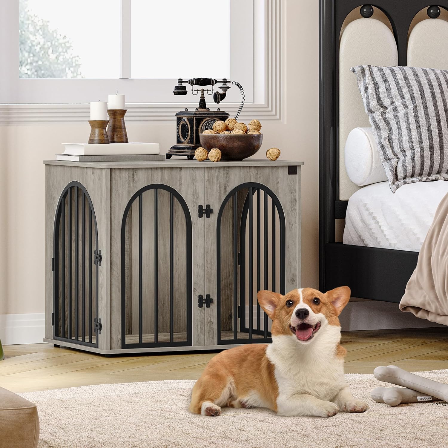 31.5'' Wooden Dog Crate Furniture, Indoor Dog Kennel Dogs Cage for Small/Medium Dogs, Heavy Duty Dog Crates Decorative Pet House End Side Table TV Stand, Rustic Brown DFC85101B