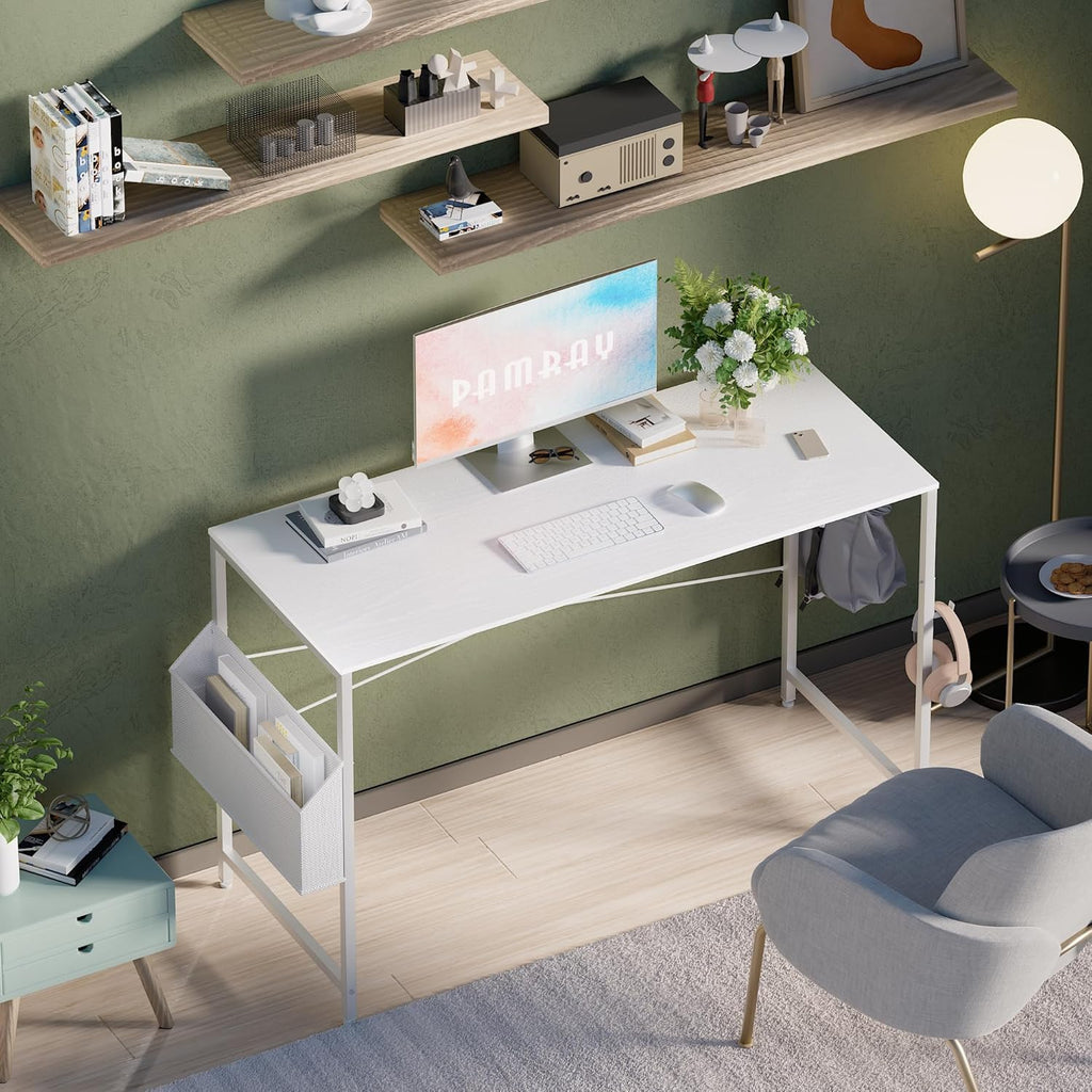 Pamray 32 Inch Computer Desk for Small Spaces with Storage Bag, Home Office Work Desk with Headphone Hook, Small Office Desk Study Writing Table