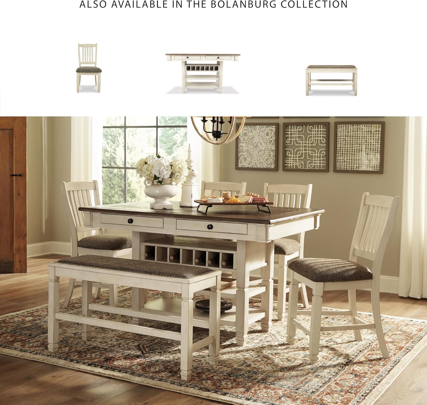 Signature Design by Ashley Bolanburg Casual French Country Upholstered Dining Room Bench with Nailhead Trim, Heavy Woven Fabric, Wood, Antique White & Tan