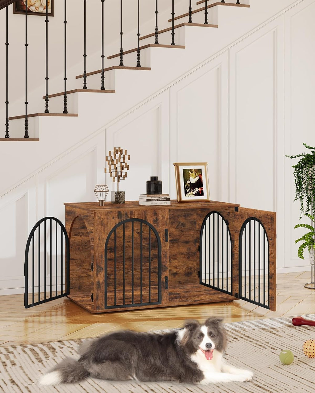 31.5'' Wooden Dog Crate Furniture, Indoor Dog Kennel Dogs Cage for Small/Medium Dogs, Heavy Duty Dog Crates Decorative Pet House End Side Table TV Stand, Rustic Brown DFC85101B