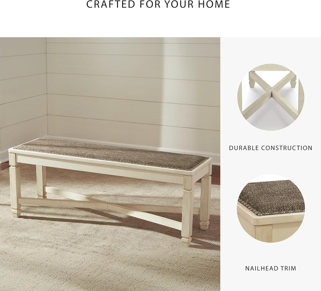 Signature Design by Ashley Bolanburg Casual French Country Upholstered Dining Room Bench with Nailhead Trim, Heavy Woven Fabric, Wood, Antique White & Tan