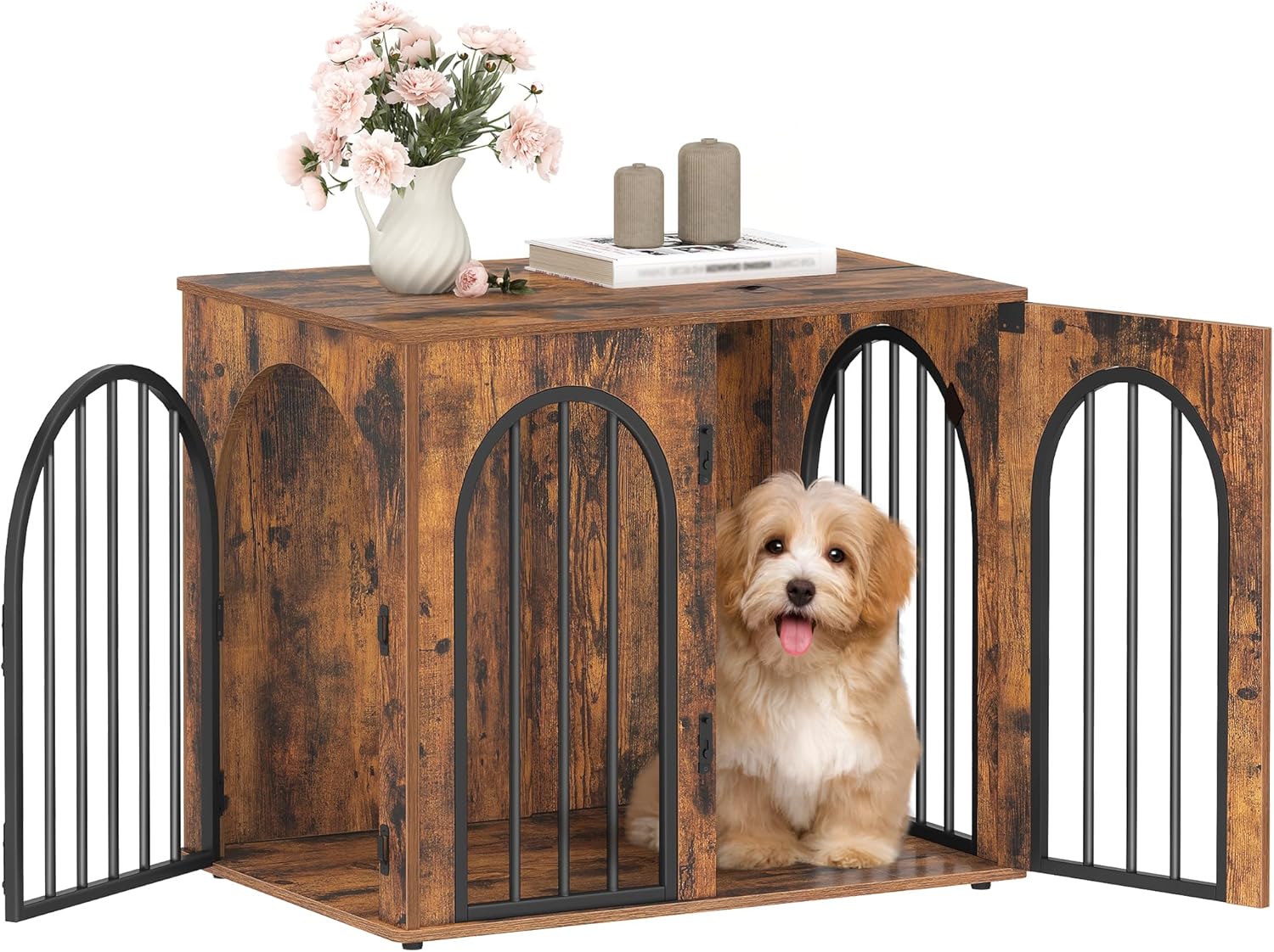 31.5'' Wooden Dog Crate Furniture, Indoor Dog Kennel Dogs Cage for Small/Medium Dogs, Heavy Duty Dog Crates Decorative Pet House End Side Table TV Stand, Rustic Brown DFC85101B