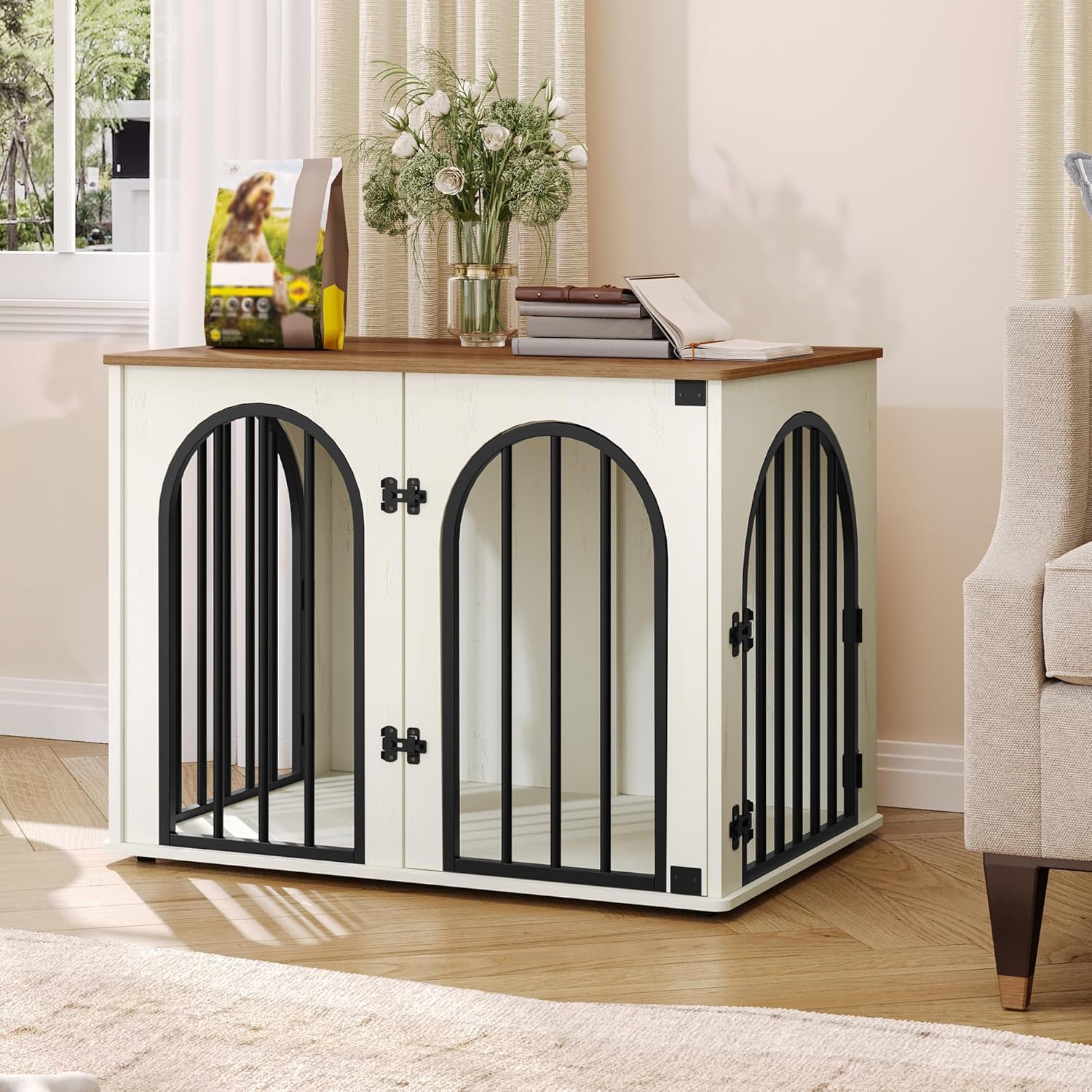 31.5'' Wooden Dog Crate Furniture, Indoor Dog Kennel Dogs Cage for Small/Medium Dogs, Heavy Duty Dog Crates Decorative Pet House End Side Table TV Stand, Rustic Brown DFC85101B