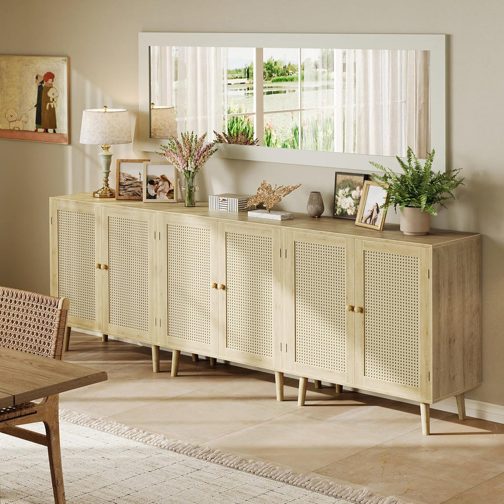Huuger Buffet Cabinet with Storage, Storage Cabinet with PE Rattan Decor Doors, Accent Sideboard Buffet with Solid Wood Feet, for Hallway, Entry, Living Room, Natural