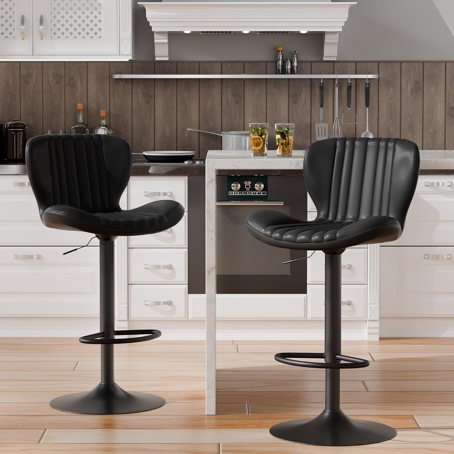 Shintenchi Bar Stools Set of 4 Modern Swivel Bar Chairs, Counter Height Faux Leather Metal Barstools, Upholstered Island Chairs with Back and Footrest, Coffee