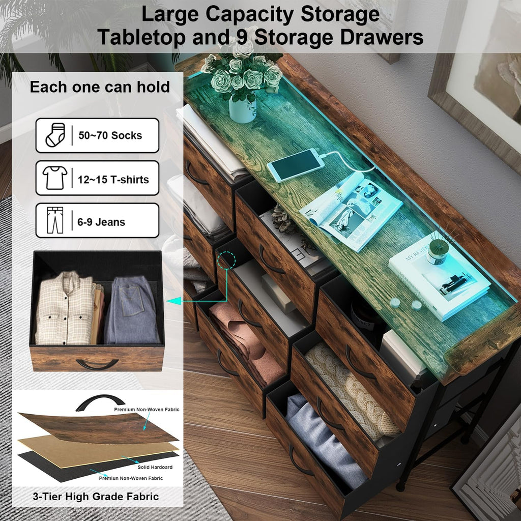 EXOTICA White Dresser with LED Light for Bedroom 9 Drawer Dressers with Charging Station Chests of Drawers for Entryway Closet Living Room Hallway Sturdy Steel Frame Wooden Top Easy Pull Handle