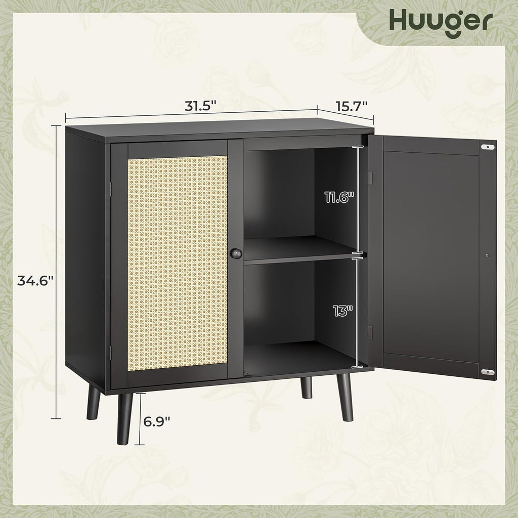 Huuger Buffet Cabinet with Storage, Storage Cabinet with PE Rattan Decor Doors, Accent Sideboard Buffet with Solid Wood Feet, for Hallway, Entry, Living Room, Natural