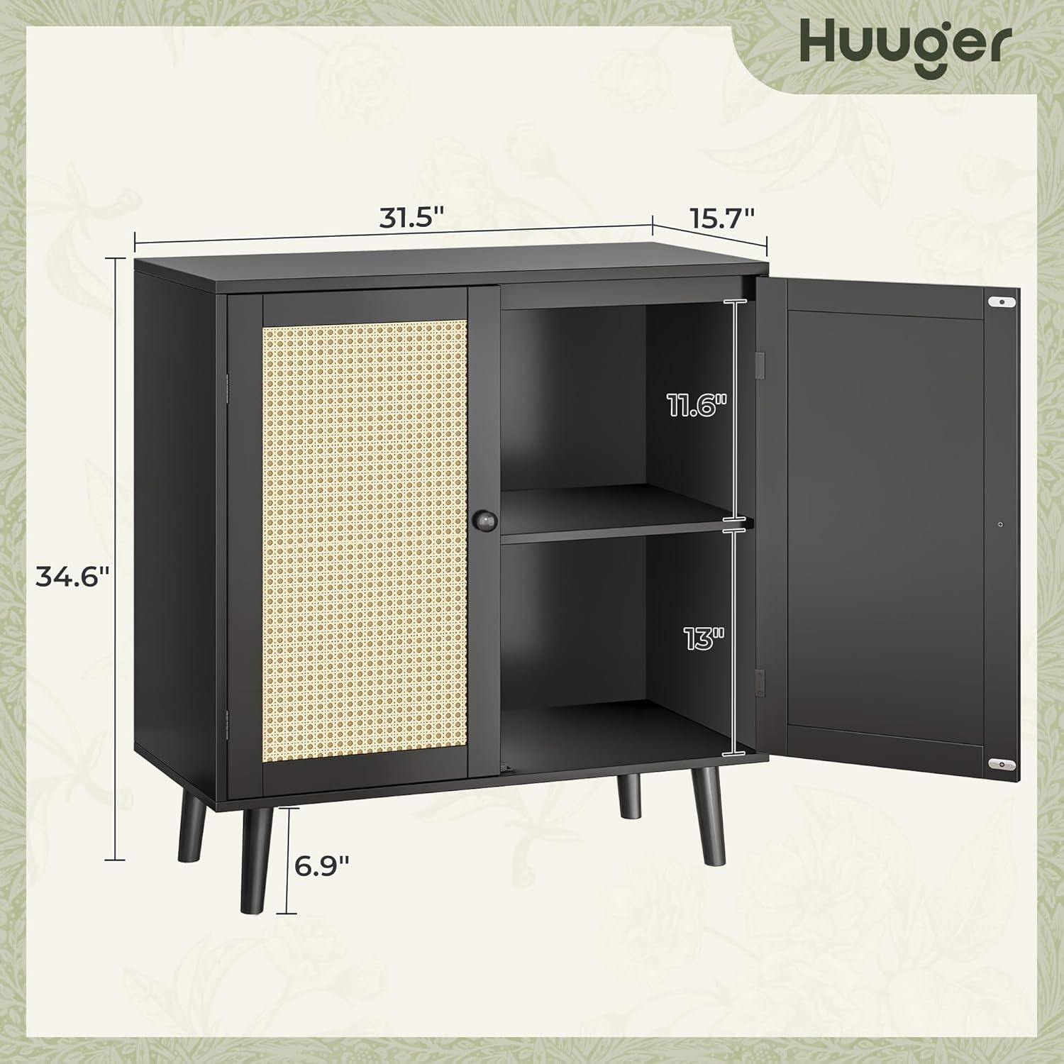 Huuger Buffet Cabinet with Storage, Storage Cabinet with PE Rattan Decor Doors, Accent Sideboard Buffet with Solid Wood Feet, for Hallway, Entry, Living Room, Natural