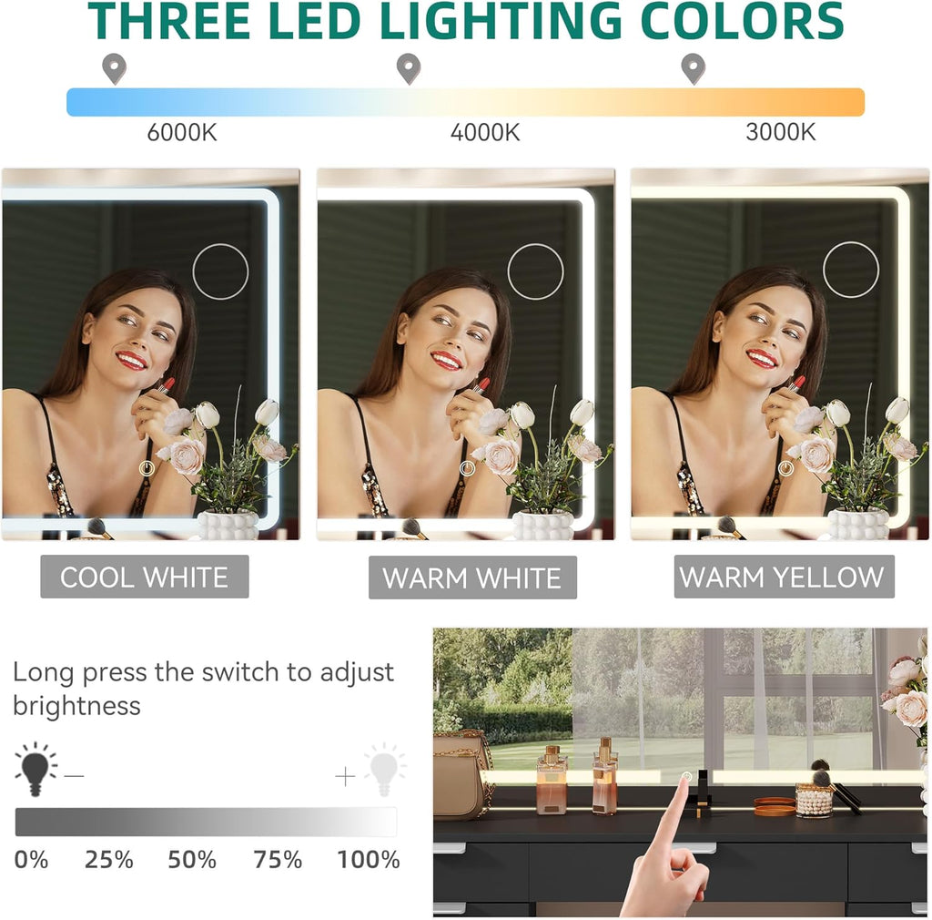 YITAHOME 46" Vanity Table with LED Lighted Mirror, Makeup Desk with 11 Drawers, Cushioned Storage Stool, Vanity Set with Power Outlet & Magnifying Mirror, White