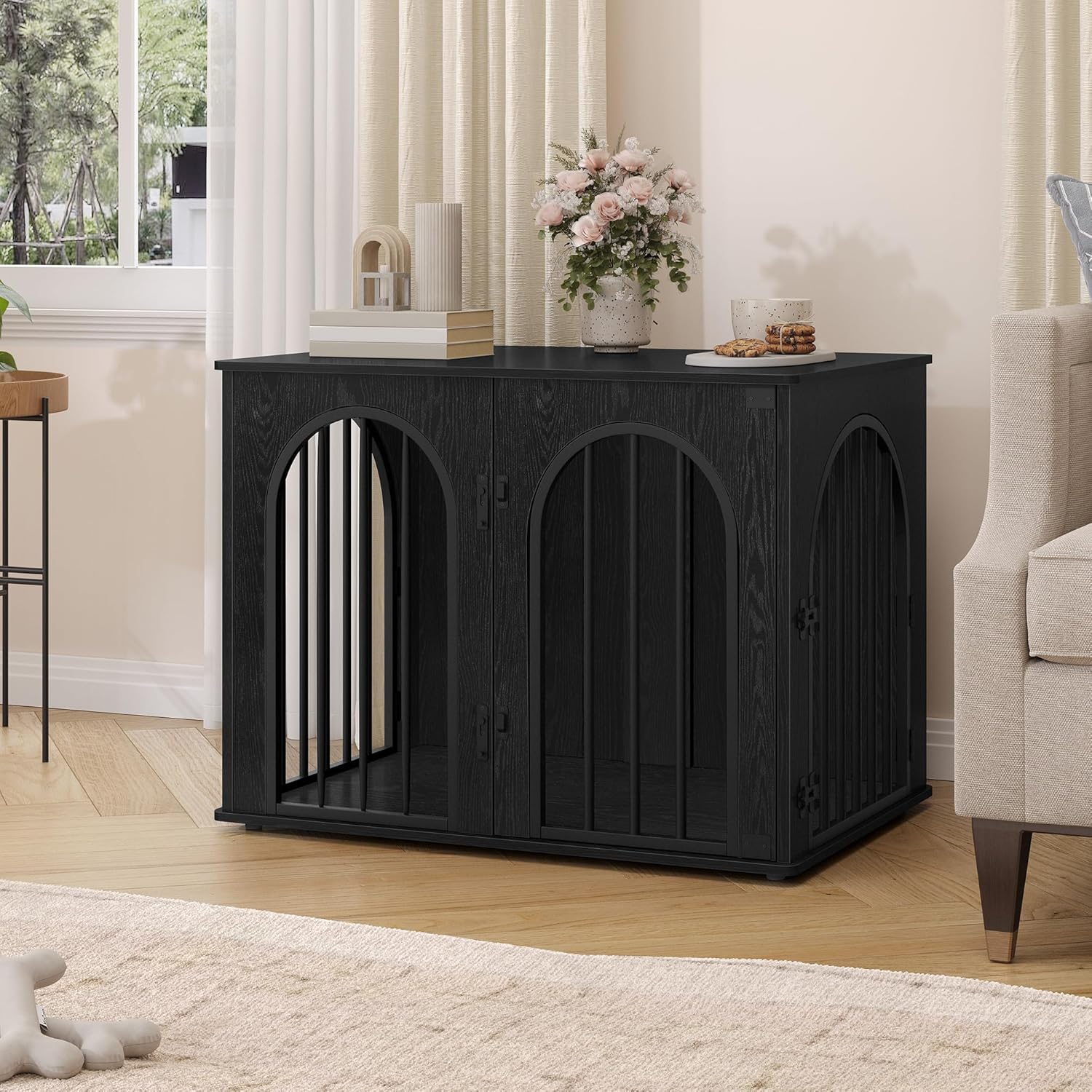 31.5'' Wooden Dog Crate Furniture, Indoor Dog Kennel Dogs Cage for Small/Medium Dogs, Heavy Duty Dog Crates Decorative Pet House End Side Table TV Stand, Rustic Brown DFC85101B