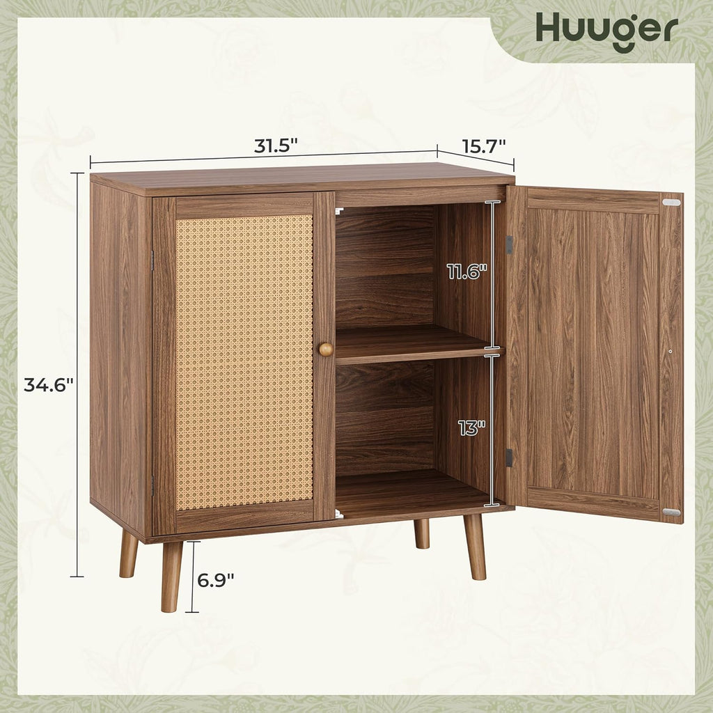 Huuger Buffet Cabinet with Storage, Storage Cabinet with PE Rattan Decor Doors, Accent Sideboard Buffet with Solid Wood Feet, for Hallway, Entry, Living Room, Natural