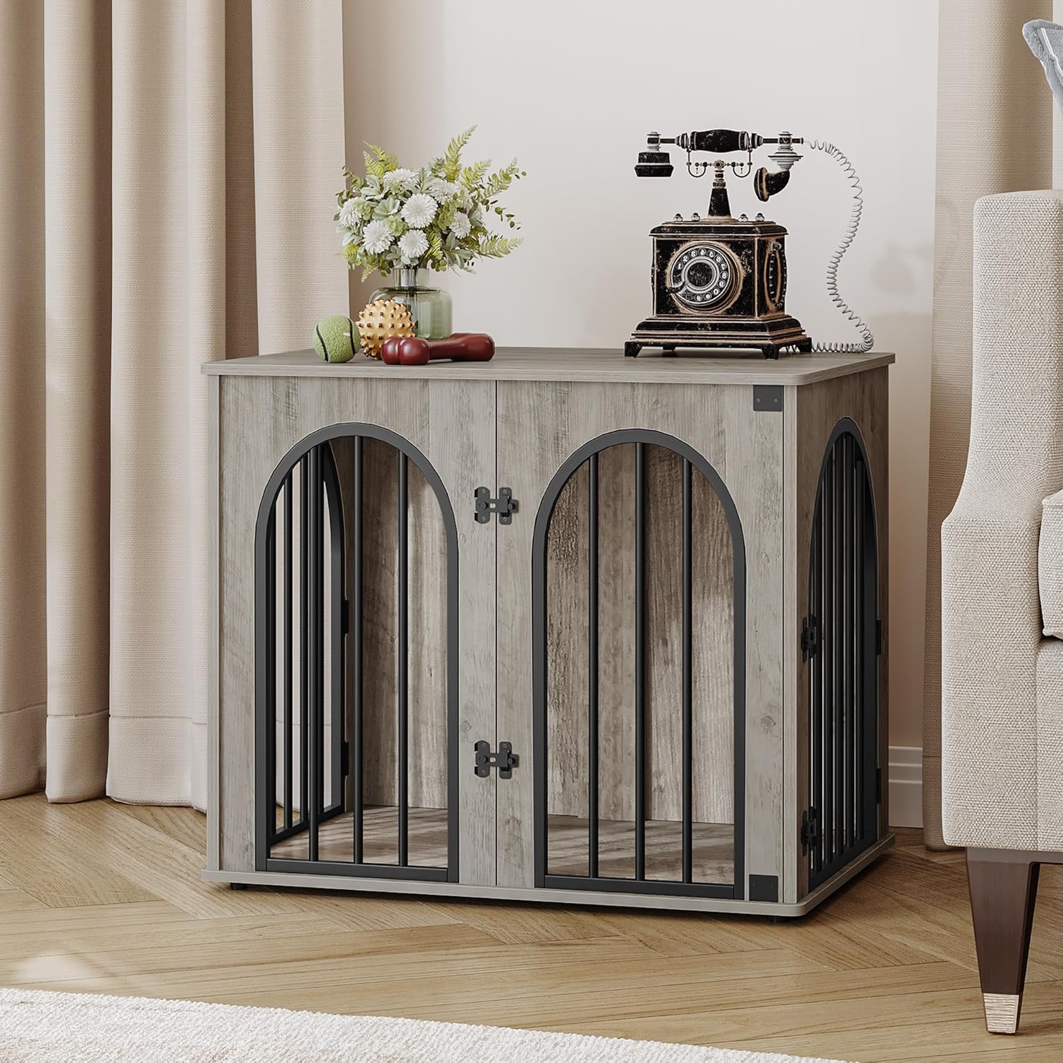 31.5'' Wooden Dog Crate Furniture, Indoor Dog Kennel Dogs Cage for Small/Medium Dogs, Heavy Duty Dog Crates Decorative Pet House End Side Table TV Stand, Rustic Brown DFC85101B