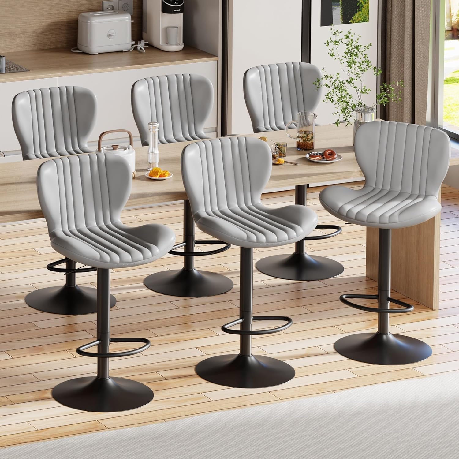 Shintenchi Bar Stools Set of 4 Modern Swivel Bar Chairs, Counter Height Faux Leather Metal Barstools, Upholstered Island Chairs with Back and Footrest, Coffee