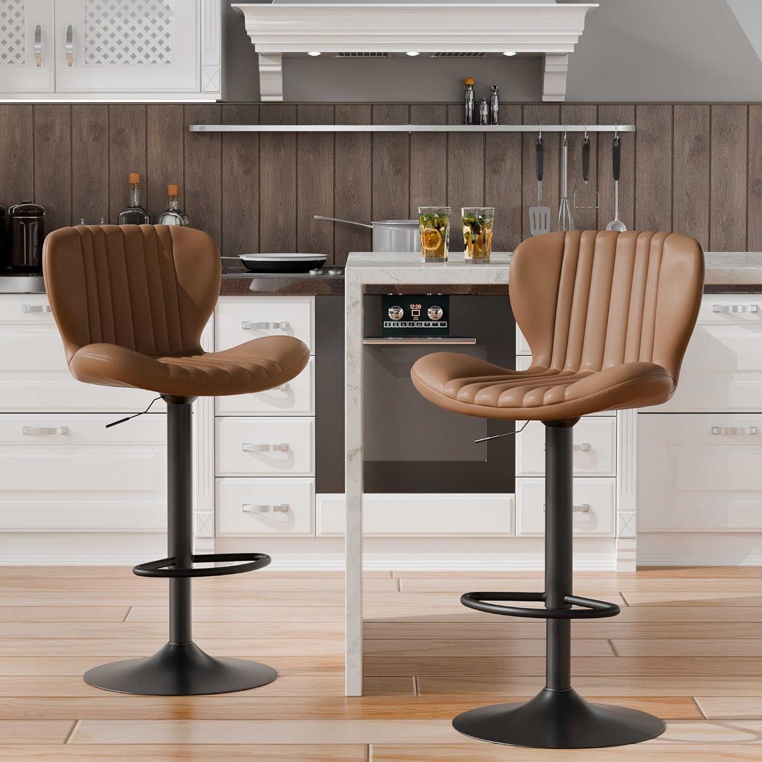Shintenchi Bar Stools Set of 4 Modern Swivel Bar Chairs, Counter Height Faux Leather Metal Barstools, Upholstered Island Chairs with Back and Footrest, Coffee