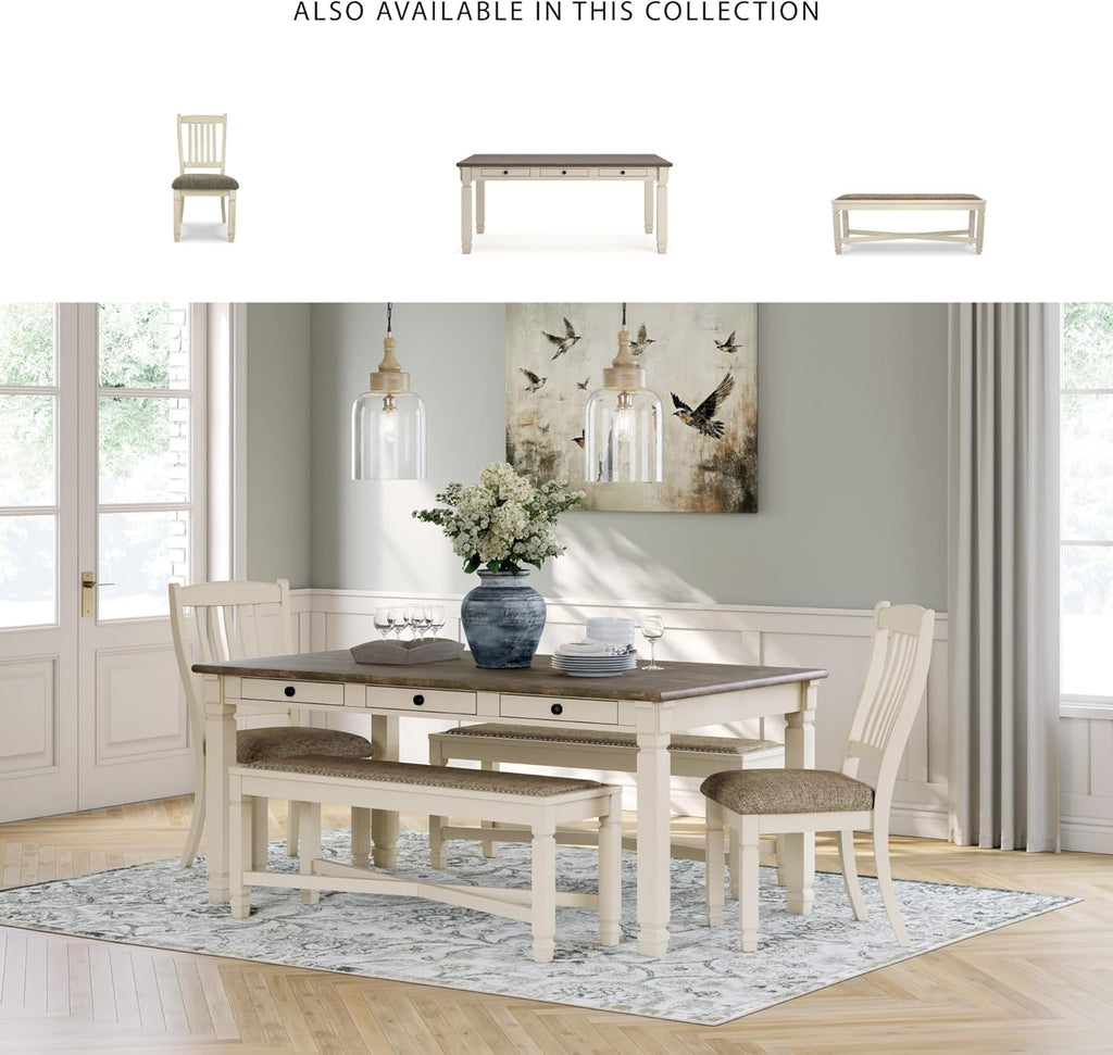 Signature Design by Ashley Bolanburg Casual French Country Upholstered Dining Room Bench with Nailhead Trim, Heavy Woven Fabric, Wood, Antique White & Tan