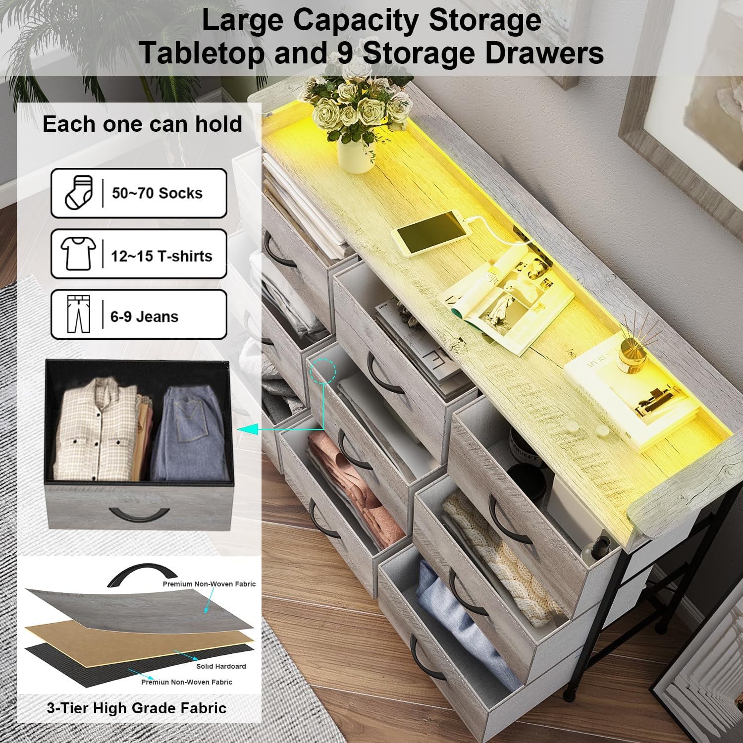 EXOTICA White Dresser with LED Light for Bedroom 9 Drawer Dressers with Charging Station Chests of Drawers for Entryway Closet Living Room Hallway Sturdy Steel Frame Wooden Top Easy Pull Handle