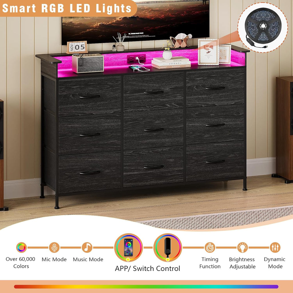 EXOTICA White Dresser with LED Light for Bedroom 9 Drawer Dressers with Charging Station Chests of Drawers for Entryway Closet Living Room Hallway Sturdy Steel Frame Wooden Top Easy Pull Handle