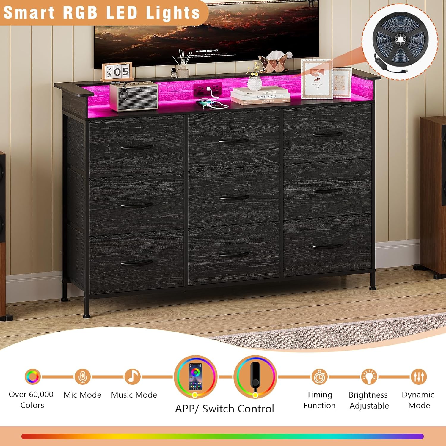 EXOTICA White Dresser with LED Light for Bedroom 9 Drawer Dressers with Charging Station Chests of Drawers for Entryway Closet Living Room Hallway Sturdy Steel Frame Wooden Top Easy Pull Handle