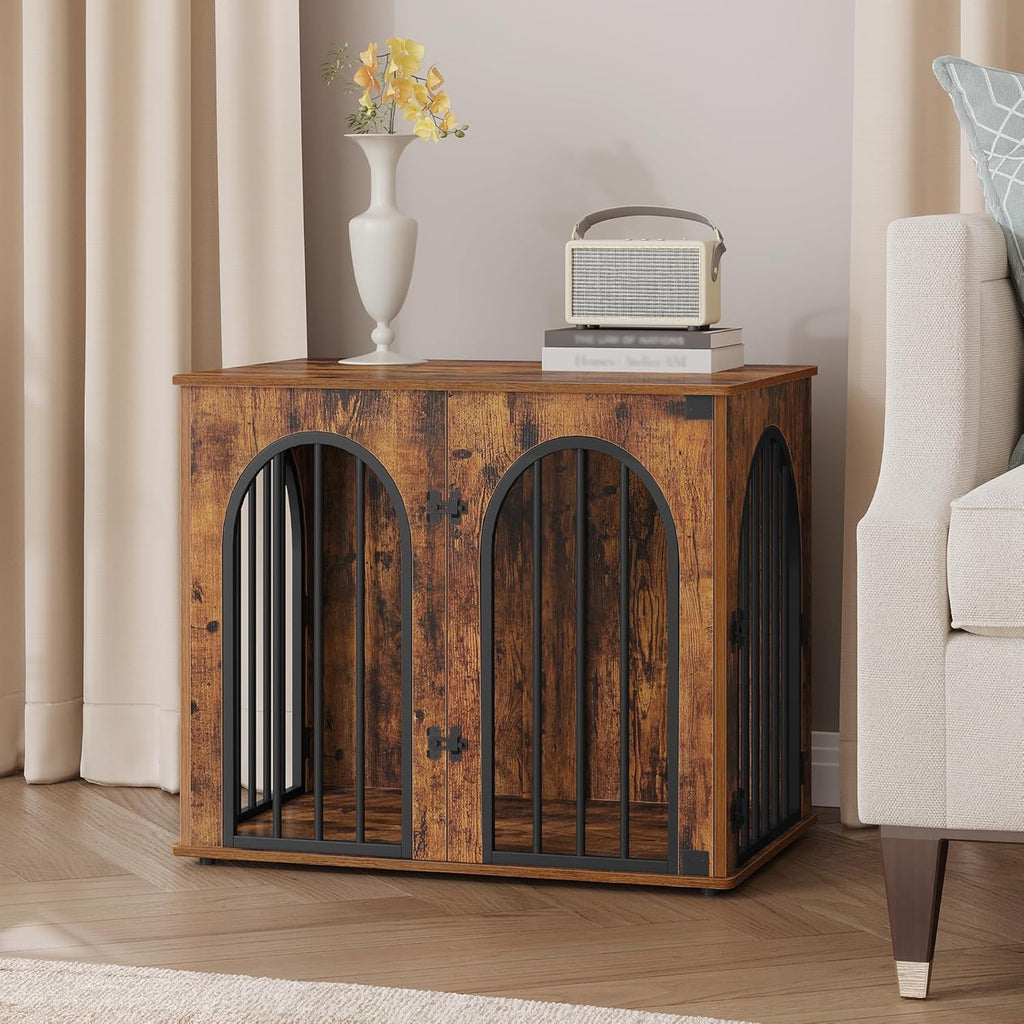 31.5'' Wooden Dog Crate Furniture, Indoor Dog Kennel Dogs Cage for Small/Medium Dogs, Heavy Duty Dog Crates Decorative Pet House End Side Table TV Stand, Rustic Brown DFC85101B