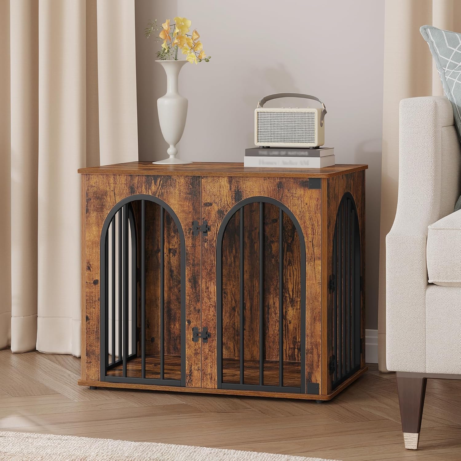 31.5'' Wooden Dog Crate Furniture, Indoor Dog Kennel Dogs Cage for Small/Medium Dogs, Heavy Duty Dog Crates Decorative Pet House End Side Table TV Stand, Rustic Brown DFC85101B