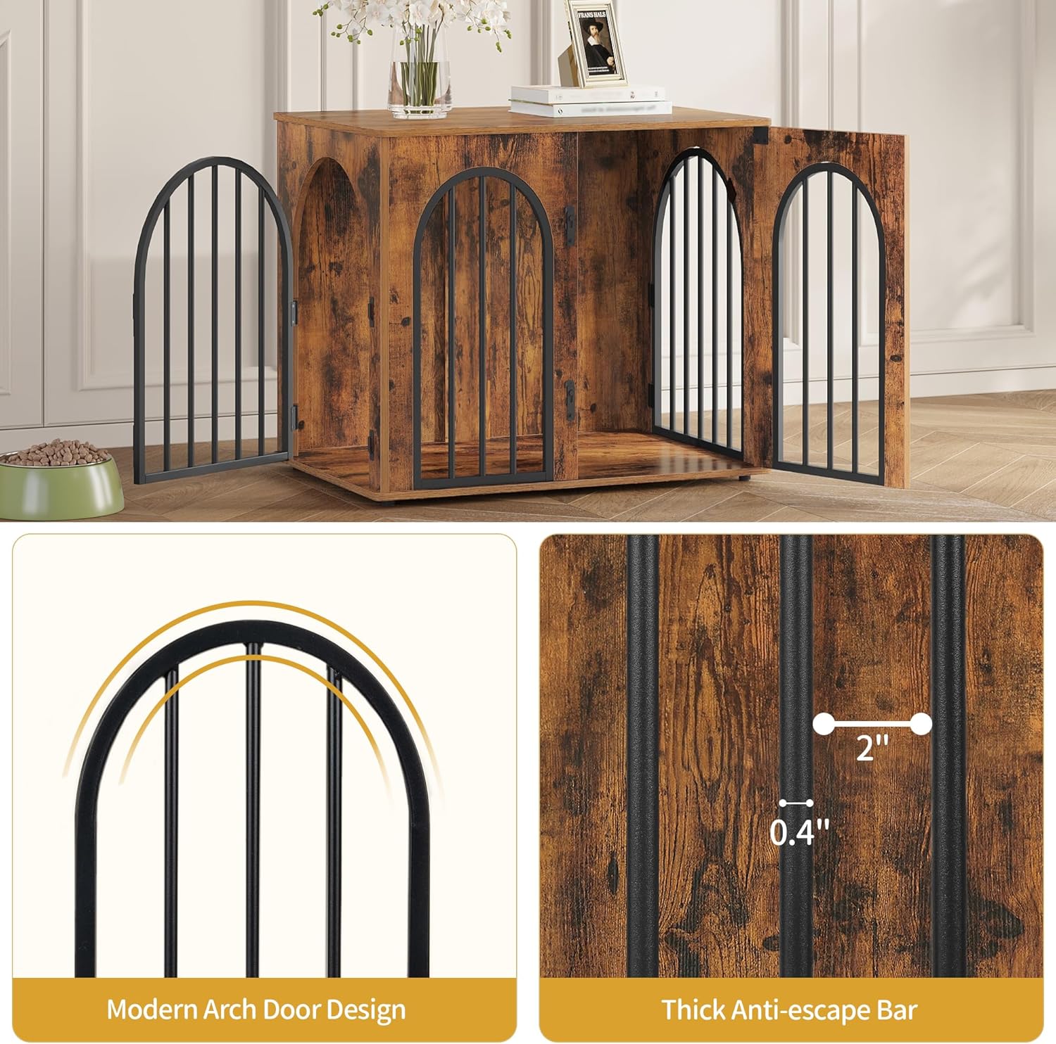 31.5'' Wooden Dog Crate Furniture, Indoor Dog Kennel Dogs Cage for Small/Medium Dogs, Heavy Duty Dog Crates Decorative Pet House End Side Table TV Stand, Rustic Brown DFC85101B